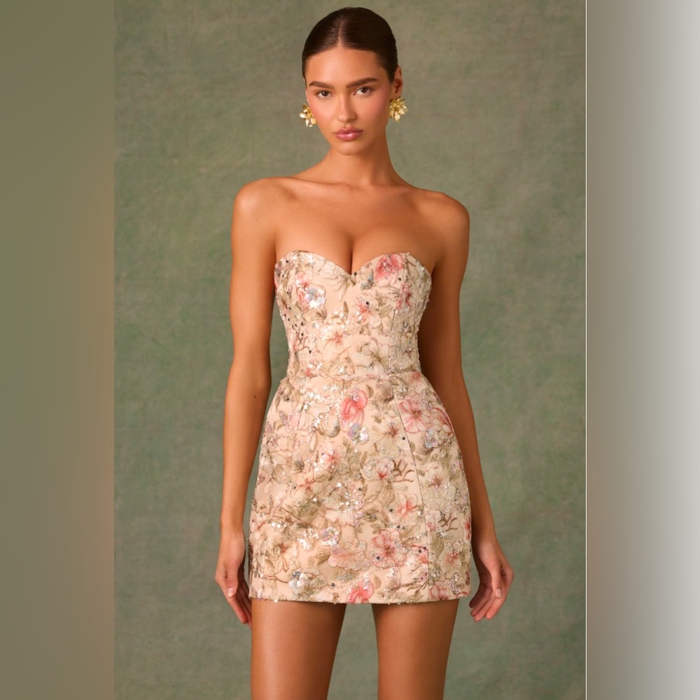 Oh Polly Dahlia Embellished Strapless A-Line Mini Dress in Floral Beige